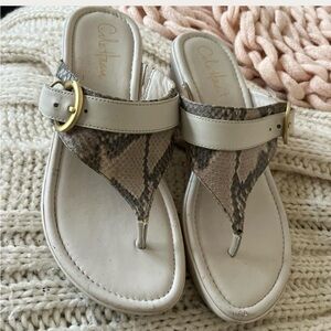 Cole Haan White and Snake Print Sandals With Gold Buckle